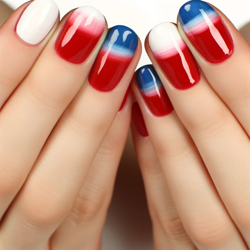 red, white, and blue gradient nail design