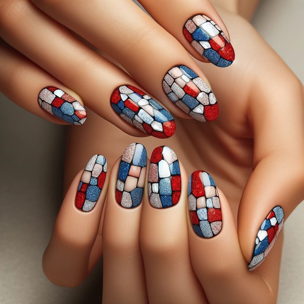red, white, and blue mosaic nails
