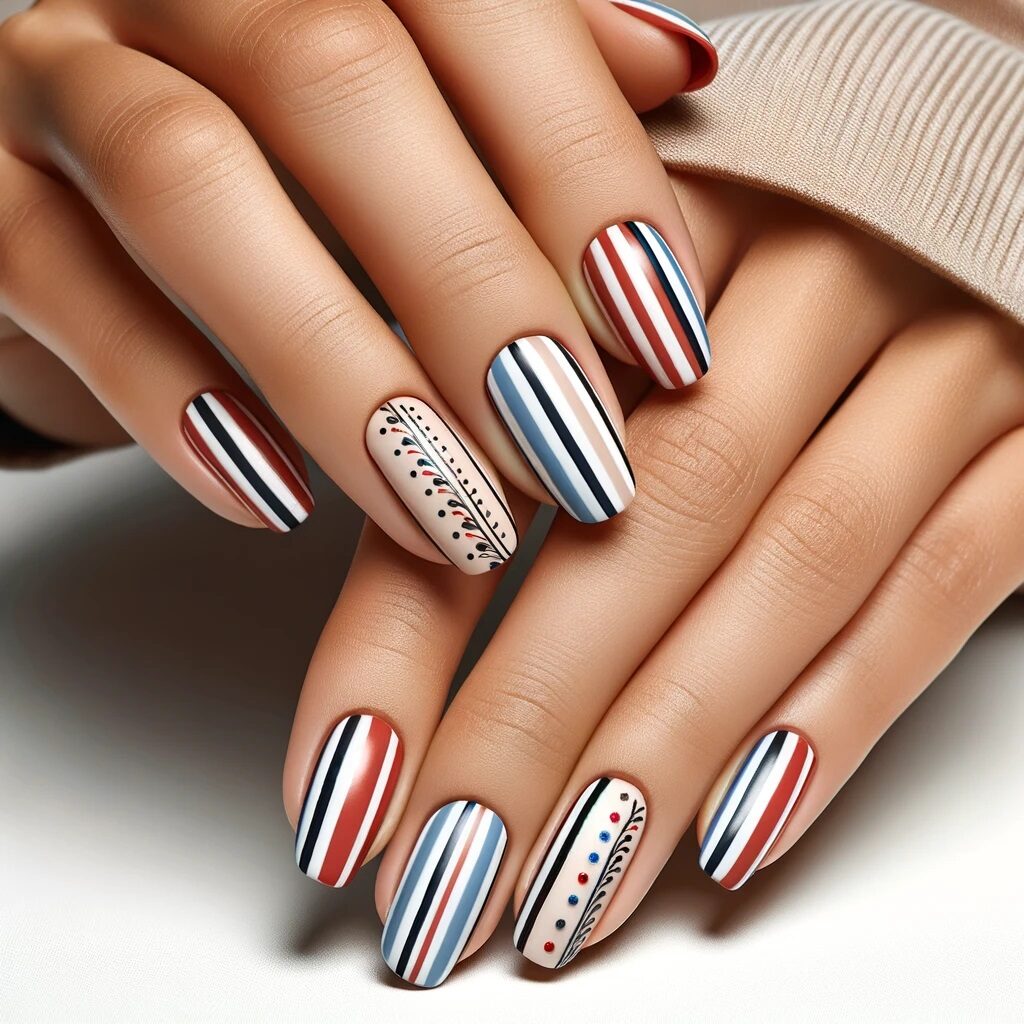 red, white, and blue striped nails