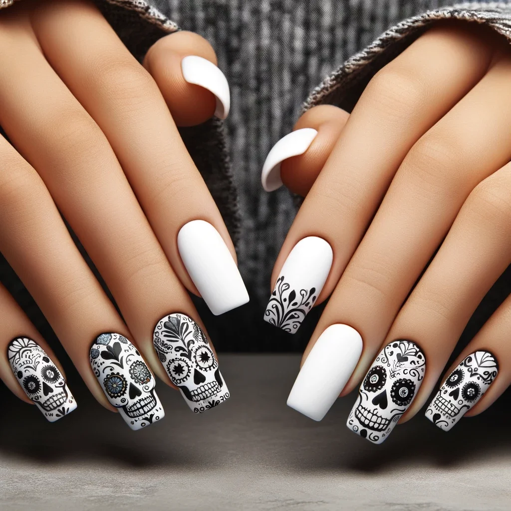 sugar skulls on a matte white nails