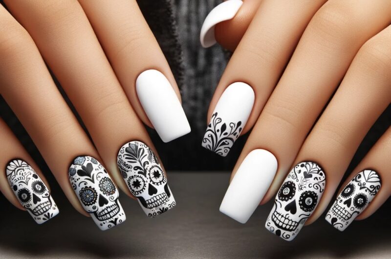 sugar skulls on a matte white nails featured