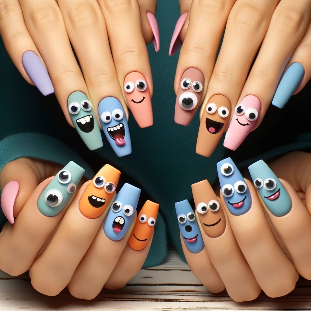 two women's hands show silly googly eye nail designs