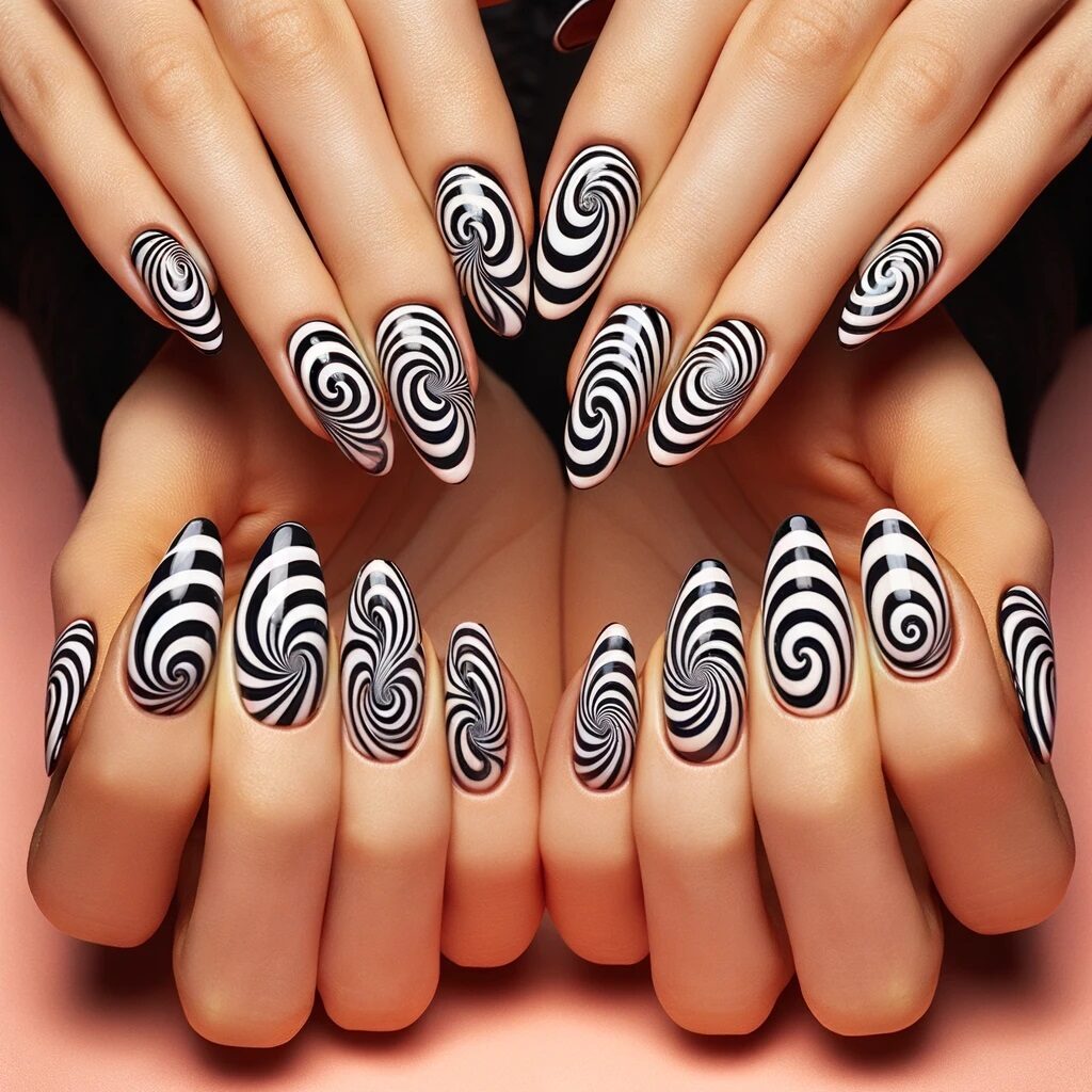 two women's hands showing April Fools' nail designs