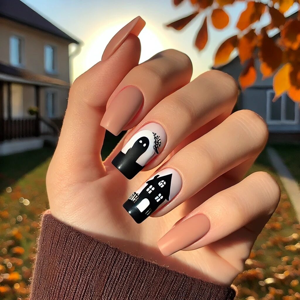 Haunted House Silhouette on featured nails