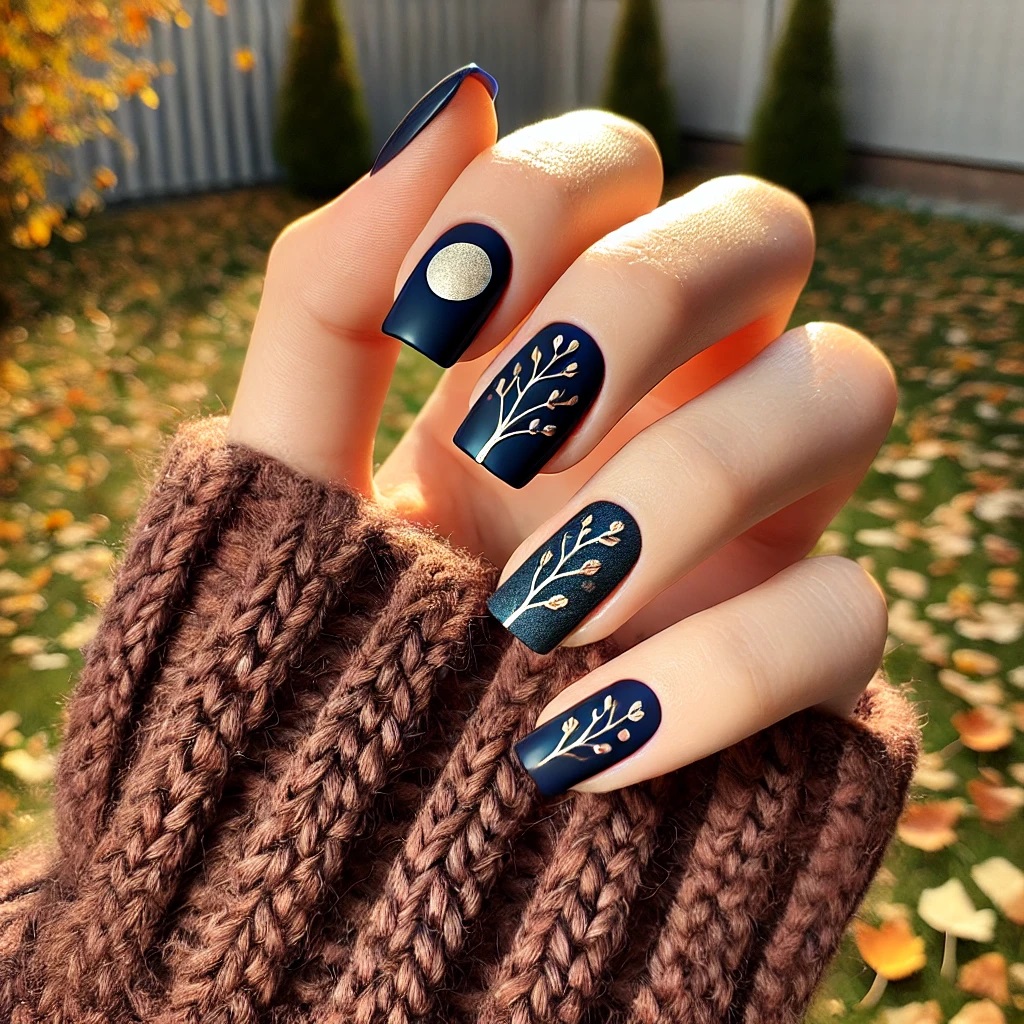 autumn branches on deep blue nails