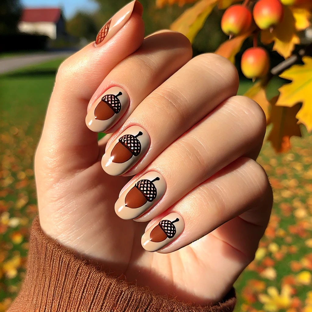 cute acorns on cream nails