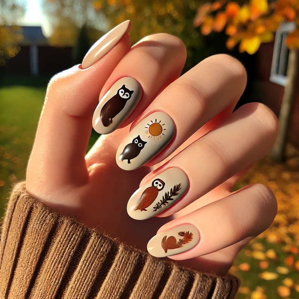 cute owls on neutral nail base