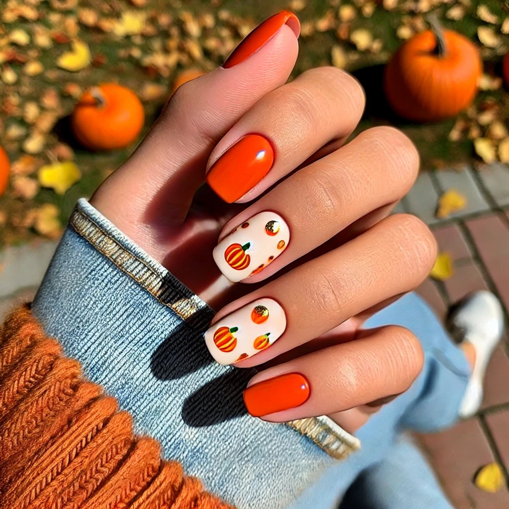 cute pumpkin motifs on nails