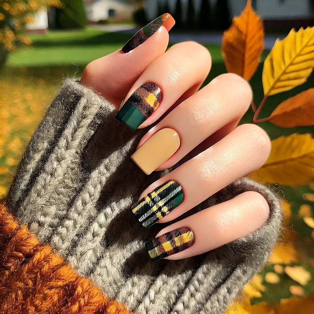 green and yellow plaid nails