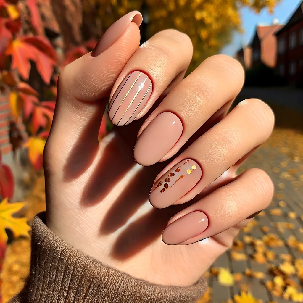 nude nail base with thin gold lines and dots