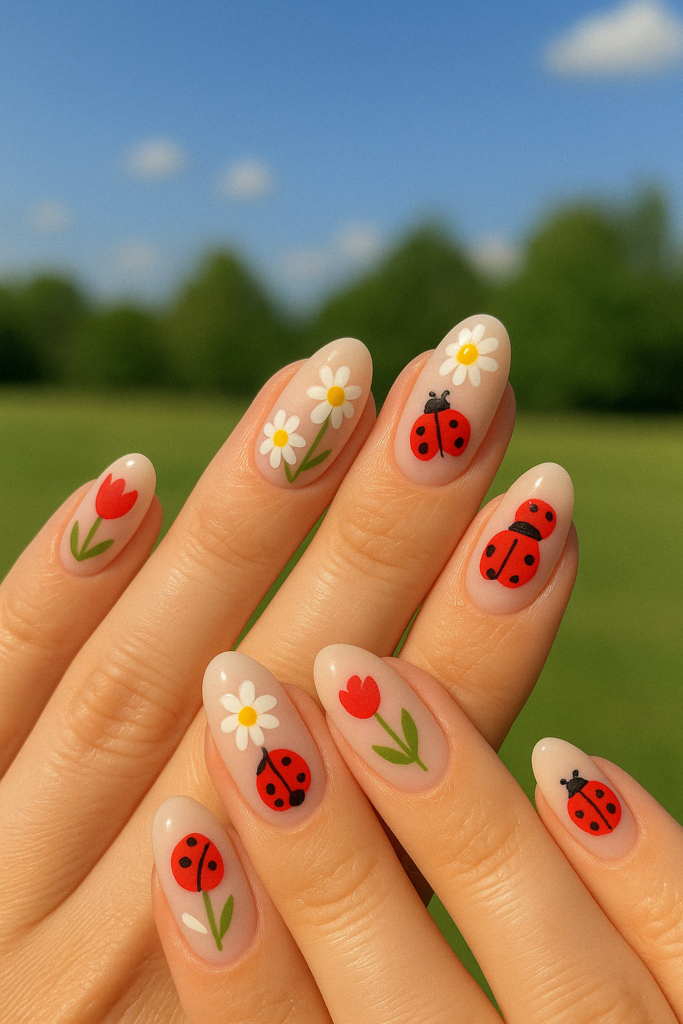Floral Friends ladybug nails