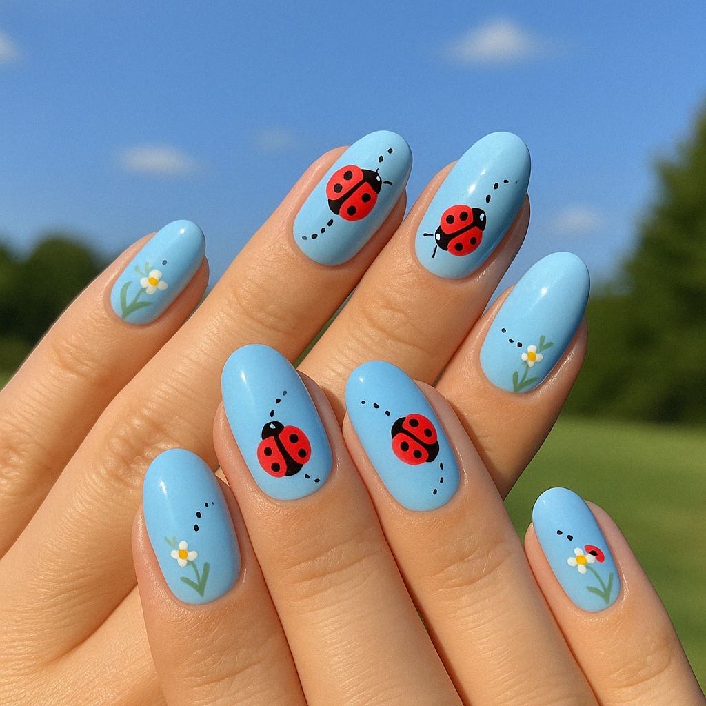 Sky & ladybug nails