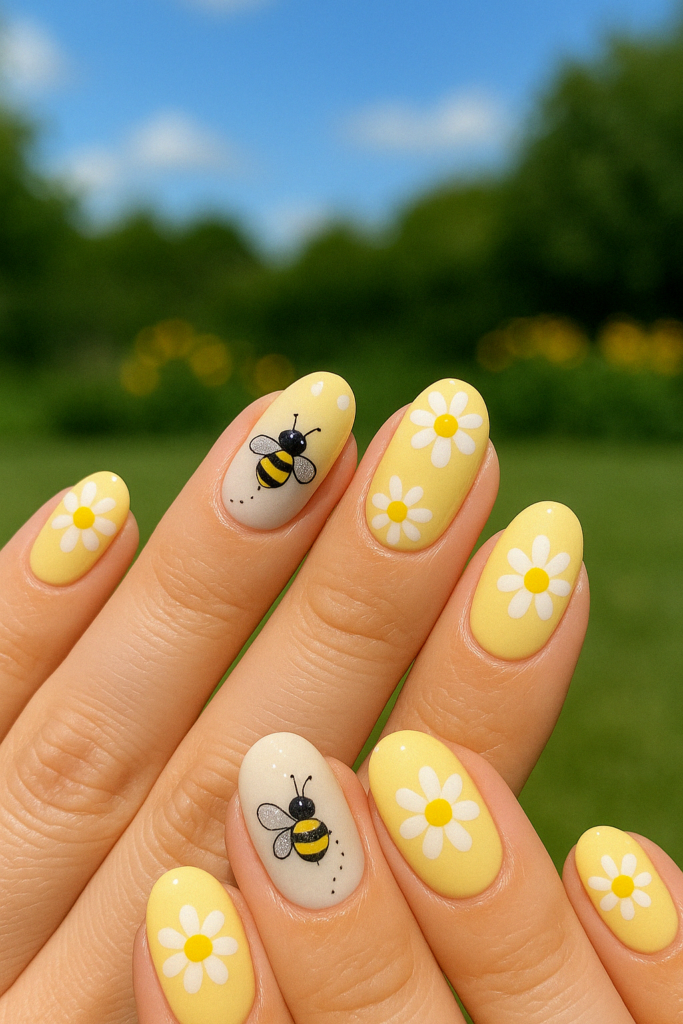 cute bubble bee and flower nails