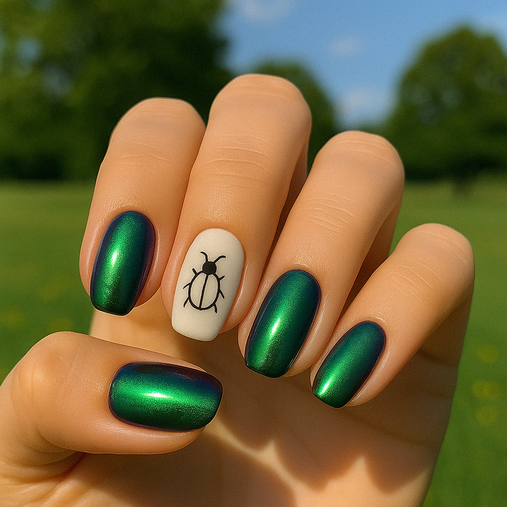 simple gorgeous green beetle nails